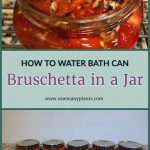 How To Water Bath Can Bruschetta in a Jar. Image showing eight jars of bruschetta sitting on a counter. Open mason jar with bruschetta with tomatoes and garlic and spices. www.sowmanyplants.com
