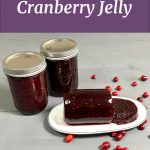 How To Water Bath Can Cranberry Jelly Pinterest image. Cranberry Jelly sliced on a plate with two jars of water bath canned cranberry jelly. www.sowmanyplants.com
