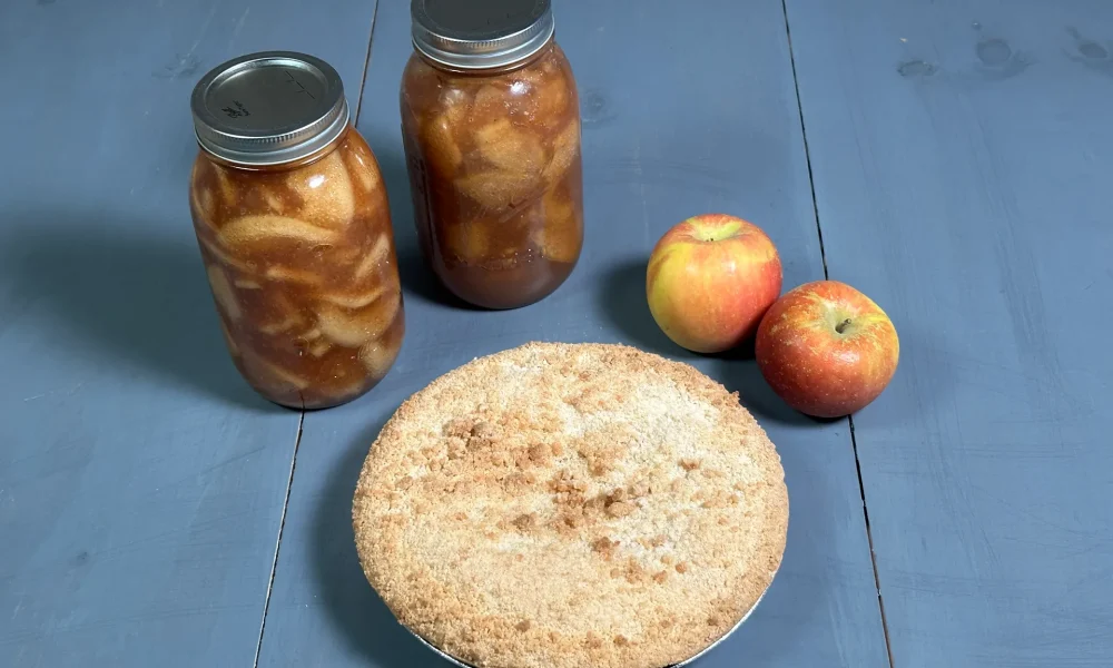 Two quart sized mason jars of Apple Pie Filling that have been water bath canned. Apple pie made with apple pie filling with two red and yellow apples sitting on a blue background.