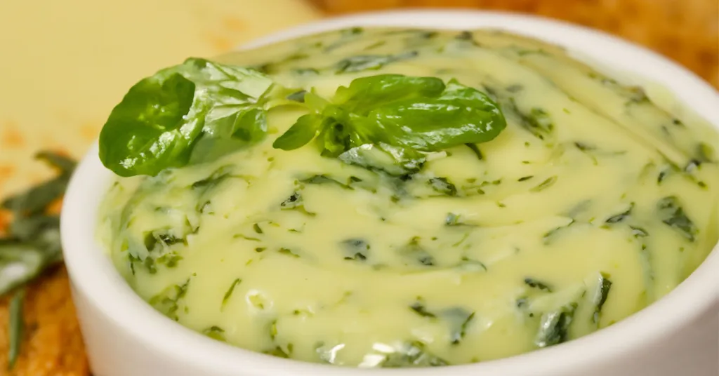 Butter in a white craft combined with basil to create a basil compound butter.