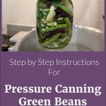 Pinterest pin for Step by step instructions for Pressure Canning Green Beans. Image of a mason jar of green beans going into the pressure canner.