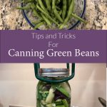 Pinterest pin for Tips and Tricks for Canning Green Beans. Image of green beans in a bowl and image of a mason jar of green beans being lowered into a pressure canner.