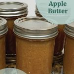 Pinterest Pin for Water Bath Canning Apple Butter. Mason jars of water bath canned apple butter sitting on a counter.