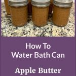 Pinterest Pin for how to water bath can apple butter. Apple butter in mason jars sitting on a counter.
