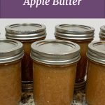 Pinterest Pin for Canning for Beginners Apple Butter. Homemade water bath canned apple butter in mason jars sitting on a counter