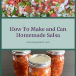 Pinterest Pin for How To Make and Can Homemade Salsa. Images of salsa ingredients before canning and three mason jars of homemade water bath canned salsa.