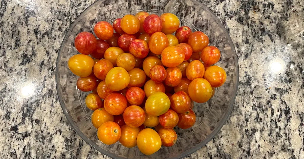 Red and yellow cherry tomatoes sitting in a glass bowl on a counter.