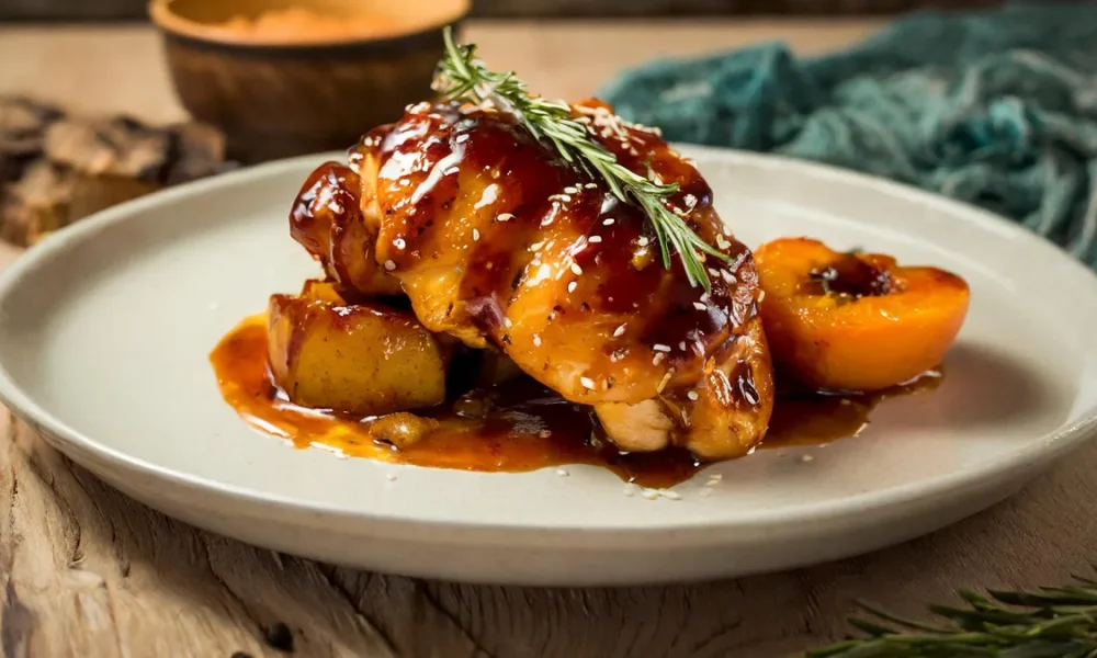 Chicken covered with Peach Barbecue Sauce, with cooked potatoes and a cooked peach sitting on a white plate.