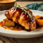 Chicken covered with Peach Barbecue Sauce, with cooked potatoes and a cooked peach sitting on a white plate.