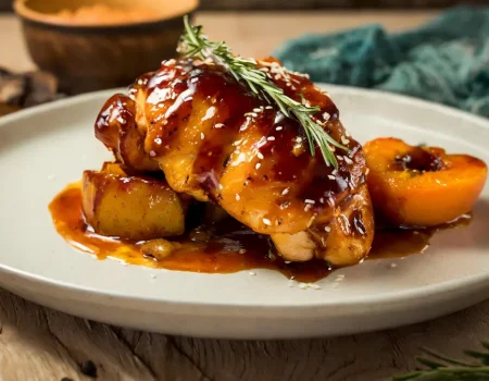 Chicken covered with Peach Barbecue Sauce, with cooked potatoes and a cooked peach sitting on a white plate.