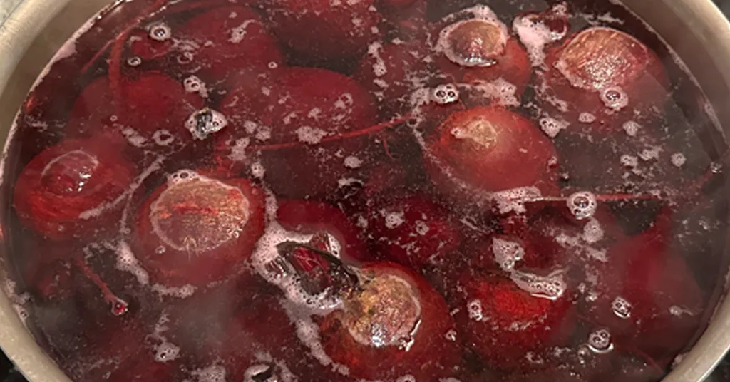 Beets in a large stainless steel pot being boiled to remove their skins before pressure canning.