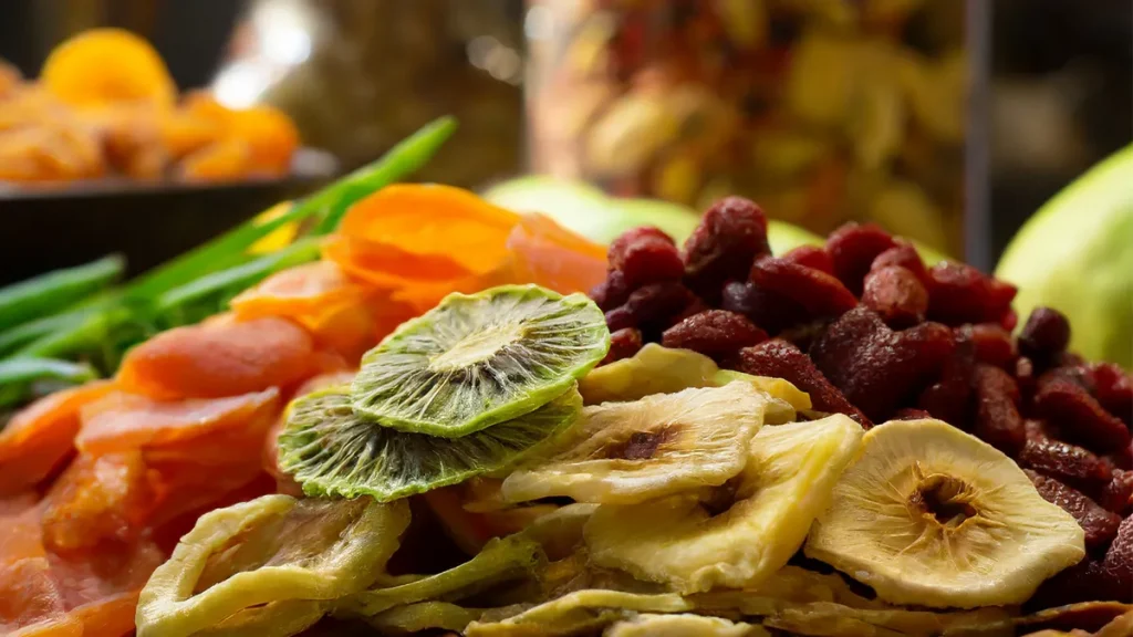 Multiple types of fruits (kiwis, mango, bananas, goji berries) that have been dehydrated.