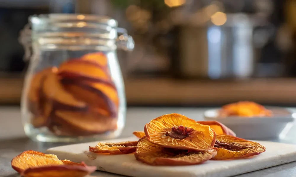 Dehydrated peach slices sitting on a cutting board in a kitchen