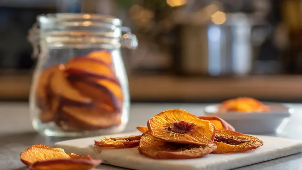 Dehydrated peach slices sitting on a cutting board in a kitchen
