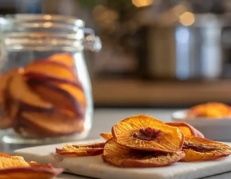 Dehydrated peach slices sitting on a cutting board in a kitchen