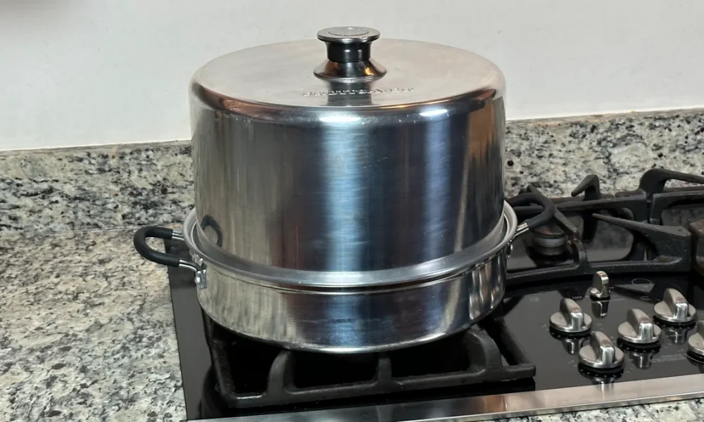 A Fruitsaver atmospheric steam canner sitting on a stove.