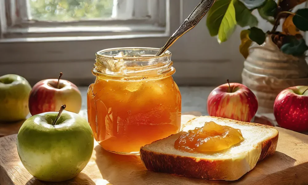 Granny Smith Apple Freezer Jam in a jar next to a piece of toast with apple jam on it. Different types of apples are around the kitchen.