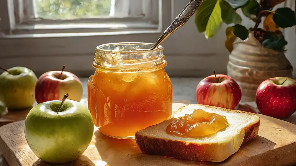 Granny Smith Apple Freezer Jam in a jar next to a piece of toast with apple jam on it. Different types of apples are around the kitchen.