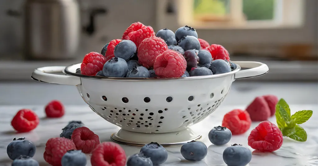 Blueberries and raspberries in a white colander sitting on a white marble countertop in a kitchen.