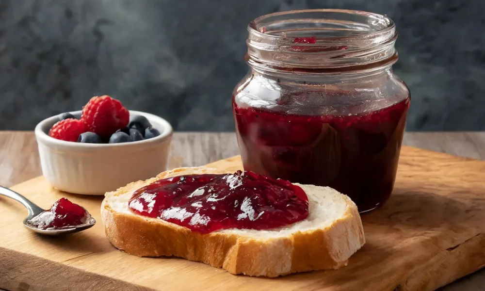 Jar of Blueberry Raspberry Freezer Jam sitting next to a piece of bread with jam on it. Small white bowl of blueberries and raspberries with a spoon of jam.