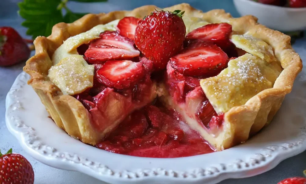 Strawberry rhubarb pie with a slice missing sitting on a white plate. Surrounded by fresh strawberries.