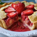 Strawberry rhubarb pie with a slice missing sitting on a white plate. Surrounded by fresh strawberries.