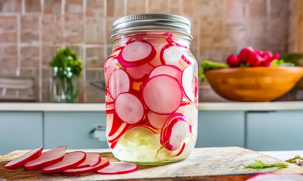 Mason Jar of sliced radishes that are being pickled using a sweet radish refrigerator pickles recipe.