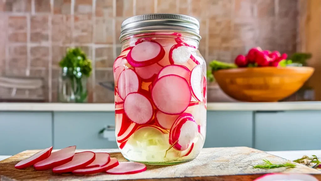 Mason Jar of sliced radishes that are being pickled using a sweet radish refrigerator pickles recipe.