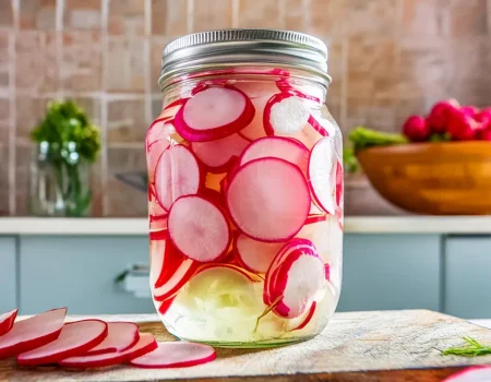 Mason Jar of sliced radishes that are being pickled using a sweet radish refrigerator pickles recipe.
