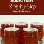 Pinterest Pin for How To Can Apple Jelly Step-by-Step. Image of mason jars of apple jelly after being water bath canned.