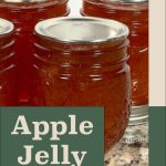 Pinterest Pin for Apple Jelly Recipe. Image of mason jars of apple jelly after being water bath canned.