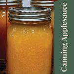 Pinterest Pin for Canning Applesauce Tips and Tricks. Image of mason jars of applesauce after being water bath canned.