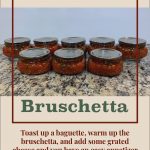 Pinterest Pin for Water Bath Canning Bruschetta. Image of mason jars of bruschetta after being water bath canned.