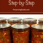 Pinterest Pin for How to Can Salsa Step-by-Step. Mason jars of zesty salsa that have been water bath canned sitting on a counter.