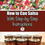 Pinterest Pin for How to Can Salsa with Step-by-Step Instructions. Mason jars of zesty salsa that have been water bath canned sitting on a counter. Image of Salsa made of tomatoes, peppers, onions and garlic chopped up.