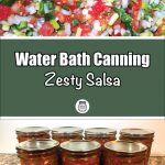 Pinterest Pin for Water Bath Canning Zesty Salsa. Mason jars of zesty salsa that have been water bath canned sitting on a counter. Image of Salsa made of tomatoes, peppers, onions and garlic chopped up.