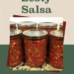 Pinterest Pin for How to Can Zesty Salsa. Mason jars of zesty salsa that have been water bath canned sitting on a counter.