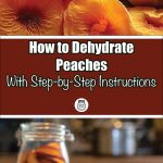 Pinterest Pin for How to Dehydrate Peaches With Step-by-Step Instructions. Image of slices of dehydrated peaches on a cutting board with a jar of dehydrated peaches in the background. Image of dehydrated peaches.