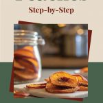 Pinterest Pin for How to Dehydrate Peaches Step-by-Step. Image of slices of dehydrated peaches on a cutting board with a jar of dehydrated peaches in the background.