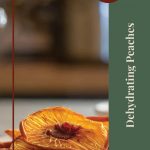 Pinterest Pin for Dehydrated Peaches Tips and Tricks. Image of slices of dehydrated peaches on a cutting board.