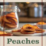 Pinterest Pin for Dehydrating Peaches. Image of slices of dehydrated peaches on a cutting board with a jar of dehydrated peaches in the background.