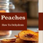 Pinterest Pin for Peaches: How to Dehydrate. Image of slices of dehydrated peaches on a cutting board with a jar of dehydrated peaches in the background.