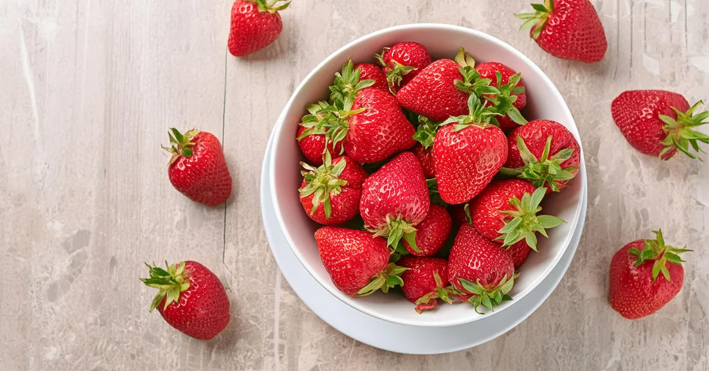 White bowl of red ripe strawberries sitting on a counter with six strawberries on the counter.