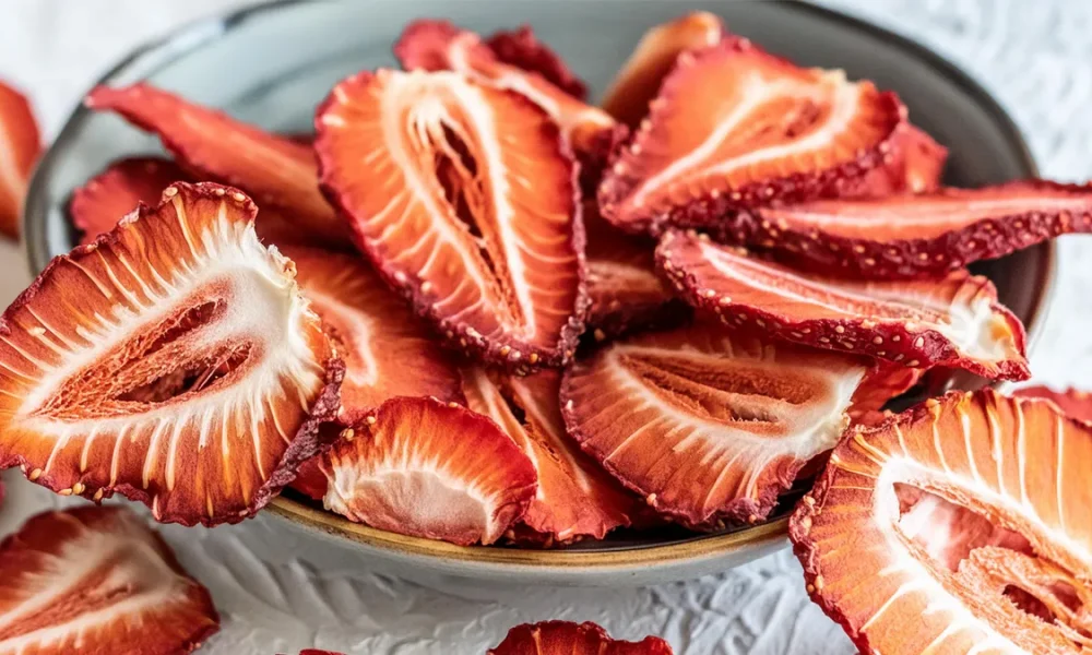 Dehydrated Strawberry slices in a bowl sitting on a white counter.