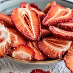 Dehydrated Strawberry slices in a bowl sitting on a white counter.