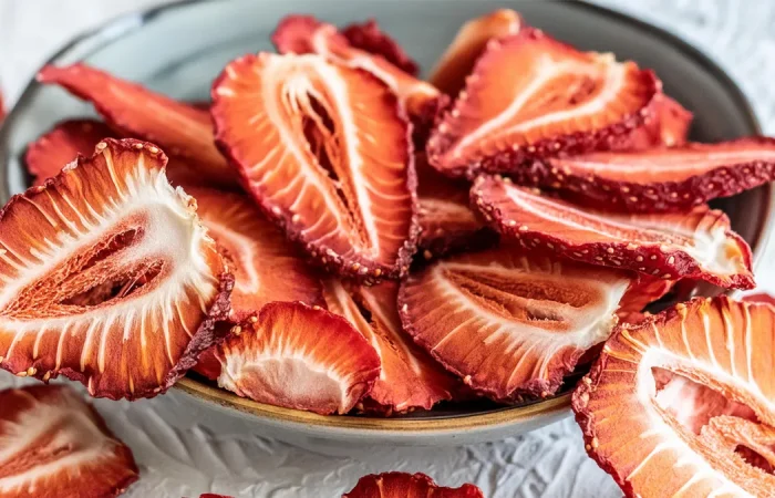 Dehydrated Strawberry slices in a bowl sitting on a white counter.