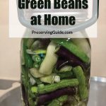 Pinterest Pin for How To Can Green Beans at Home. Image of a mason jar of green beans before being pressure canned.