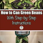 Pinterest Pin for How To Can Green Beans with Step-by-Step Instructions. Image of a mason jar of green beans before being pressure canned. Another image of green beans that have been snapped and are ready for canning.