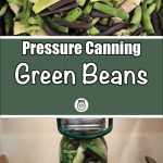 Pinterest Pin for Pressure Canning Green Beans. Image of a mason jar of green beans before being pressure canned. Another image of green beans that have been snapped and are ready for canning.