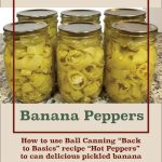 Pinterest Pin for Water Bath Canning Banana Peppers. Image of mason jars of pickled banana peppers after being water bath canned.